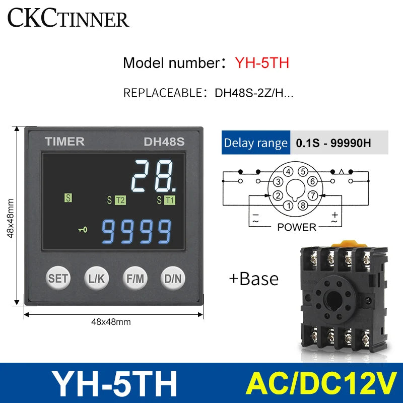 DH48S Programmable Time Delay Relay 24V/220V + Socket Base Programmable Time Relay Axl YH-5TH - 12V ACDC