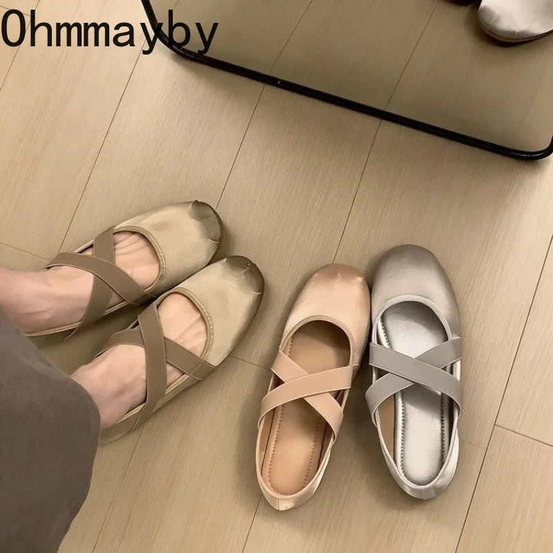 Women's Satin Cross Strap Ballet Flats – Elegant Slip-On Ballet Flat Shoes Axl