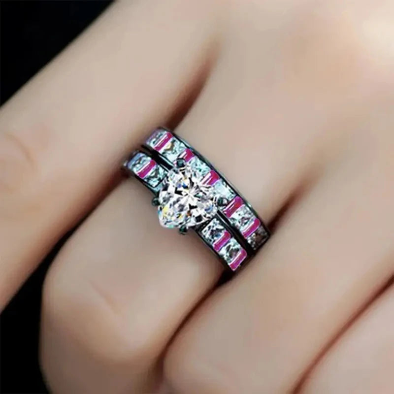 Huitan Punk 2-Piece CZ Ring Set – Y2K Black Stacking Rings CZ Stacking Ring Set Axl