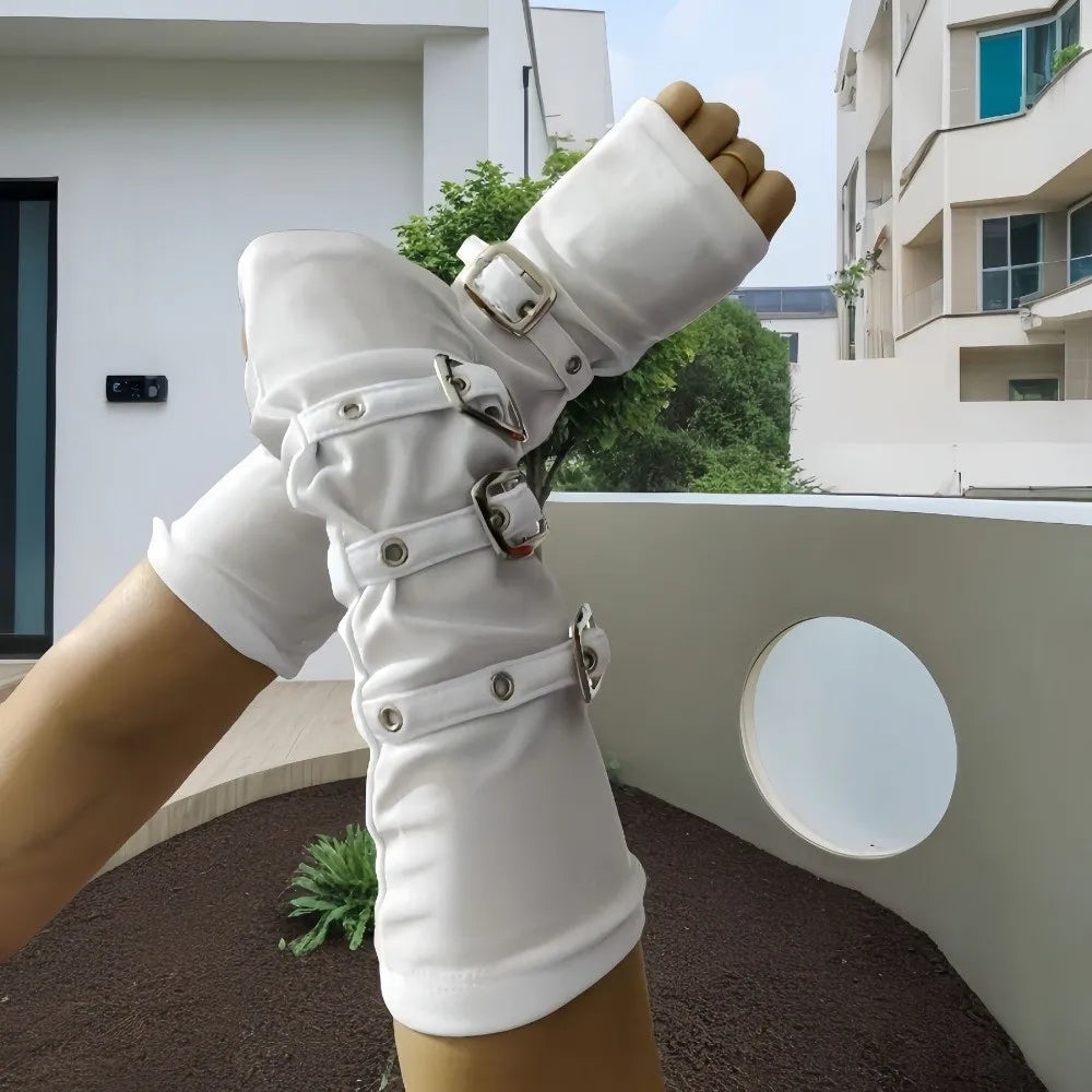 Gothic Punk Arm Sleeves – White Polyester with Metal Buckles Gothic Arm Sleeves Axl
