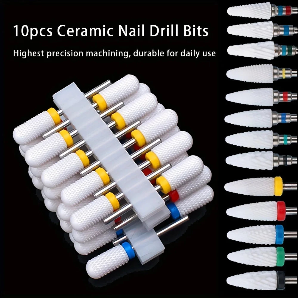 10-Pc Ceramic Nail Drill Bits Set – Manicure & Pedicure Kit Nail Drill Bits Axl
