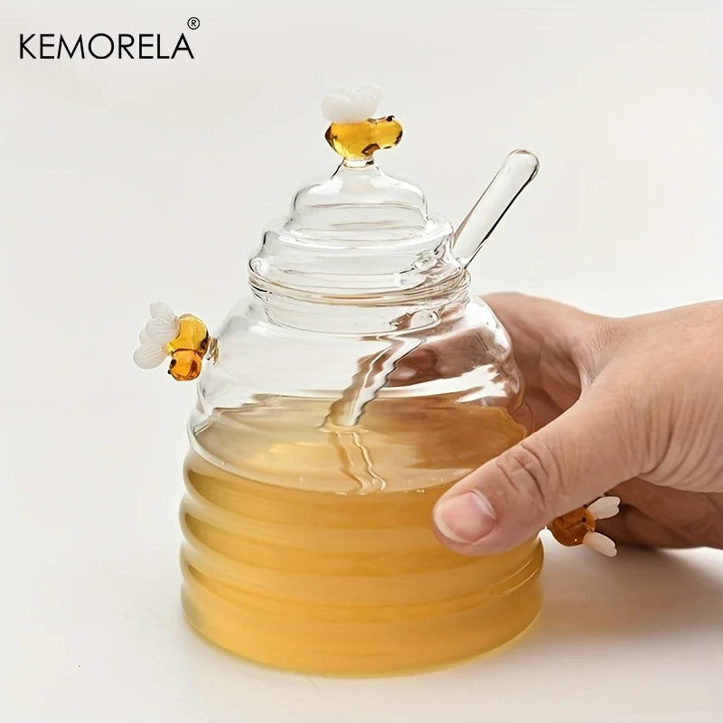 Glass Honeycomb Honey Jar with Dipper & Lid | KEMORELA Honey Storage Jar Axl