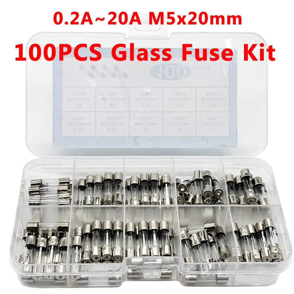 100-Pc 5x20mm Fast-Blow Glass Tube Fuse Kit 0.2A–20A Assorted Glass Tube Fuse Kit Axl