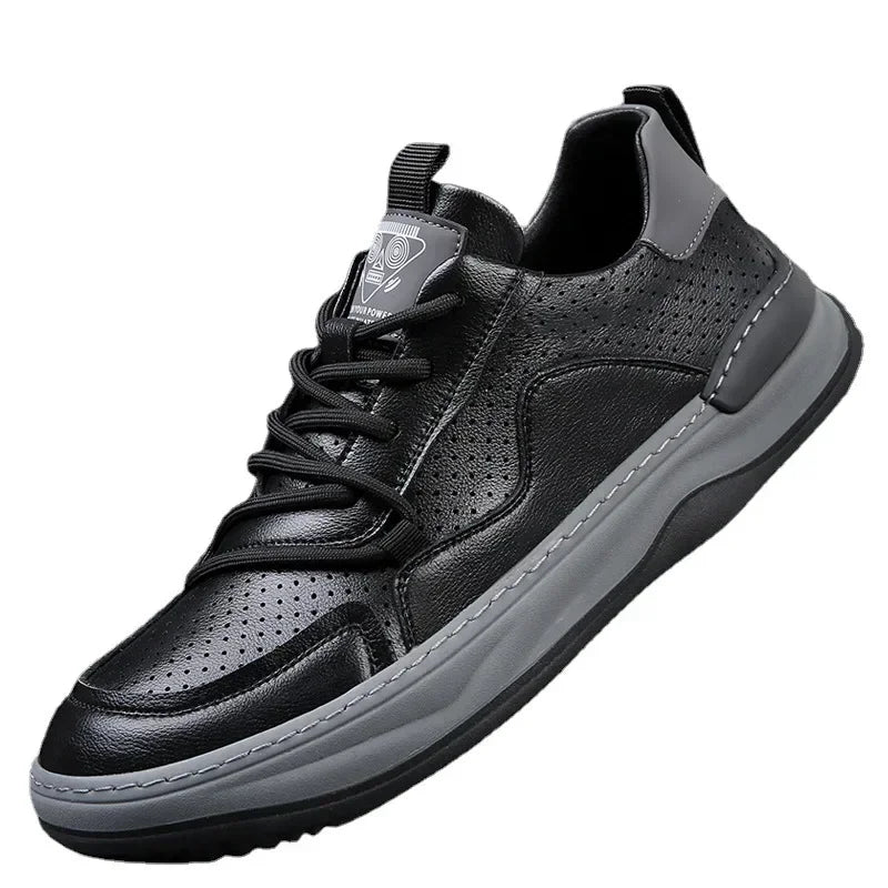 YBQJOO Men's Hollow-Out Leather Sneakers | Lace-Up Casual Shoes Men's Leather Sneakers Axl
