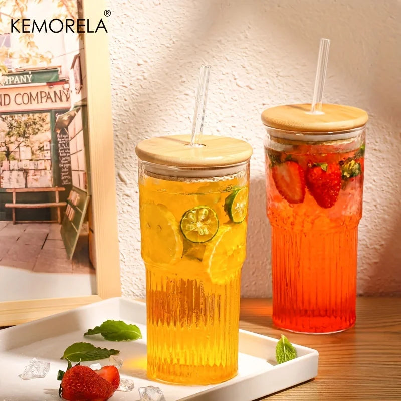 500ml Ribbed Glass Cup with Lid & Straw | Iced Coffee Mug Ribbed Drinking Glass Axl