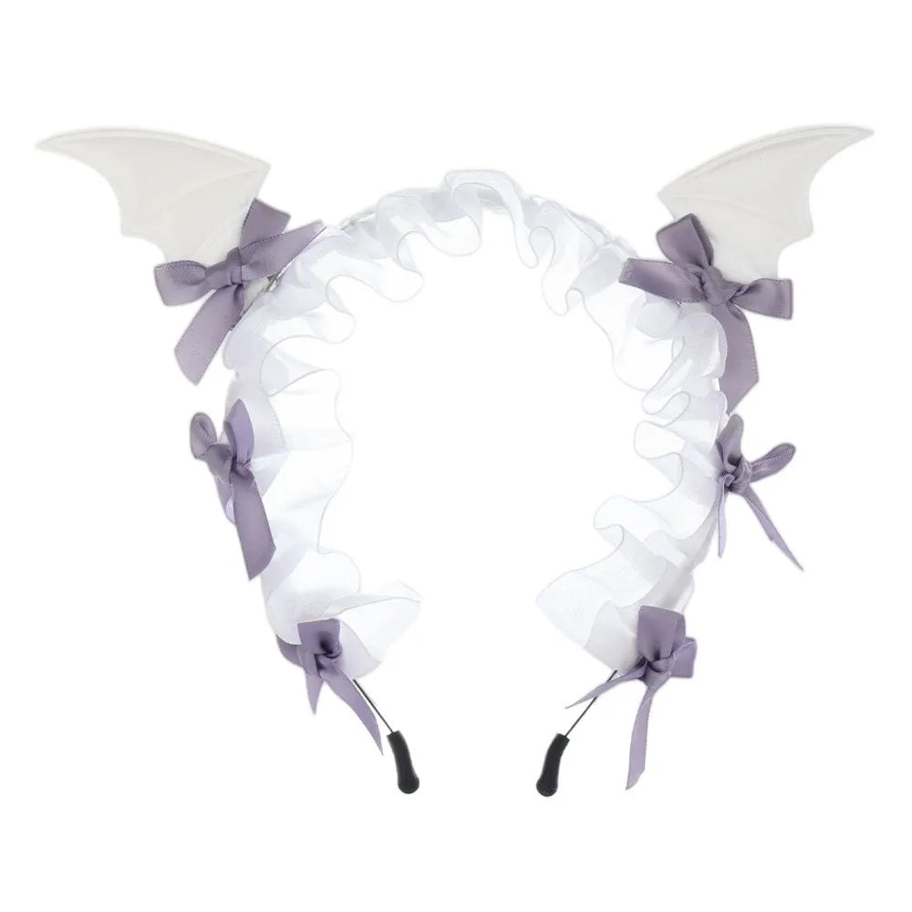 Gothic Bat Ruffle Lace Headband – Punk Bow Cosplay Hair Hoop Gothic Hair Headband Axl White