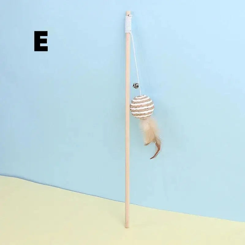 Mouse Shape Wooden Cat Teaser Wand with Feather & Bell Cat Teaser Wand Axl E