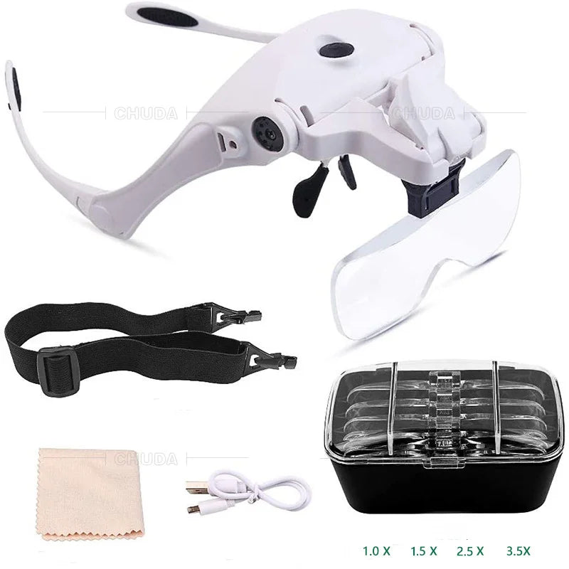 Head-Mounted LED Magnifying Glasses – 5-Speed Optical Loupe LED Magnifying Loupe Axl 1X 1.5X 2X 2.5X 3.5X
