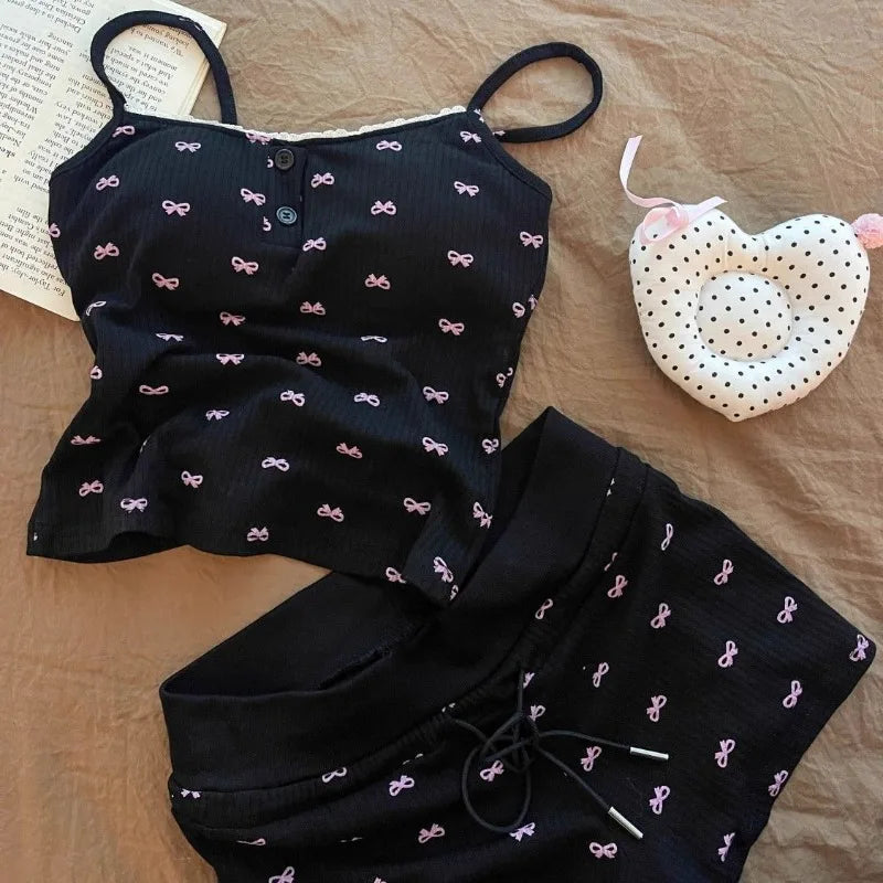 Women's Bow Tie Camisole Pajama Set – Vest & Shorts 2 Piece Women's Pajama Set Axl