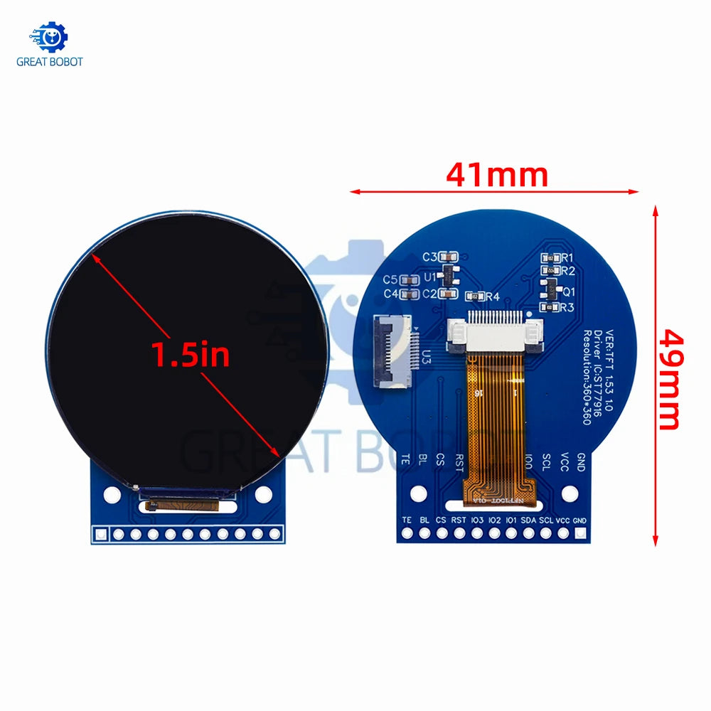 1.5" Round TFT LCD Screen 360×360 ST7701 QSPI Full-Color Display TFT LCD Screen Axl