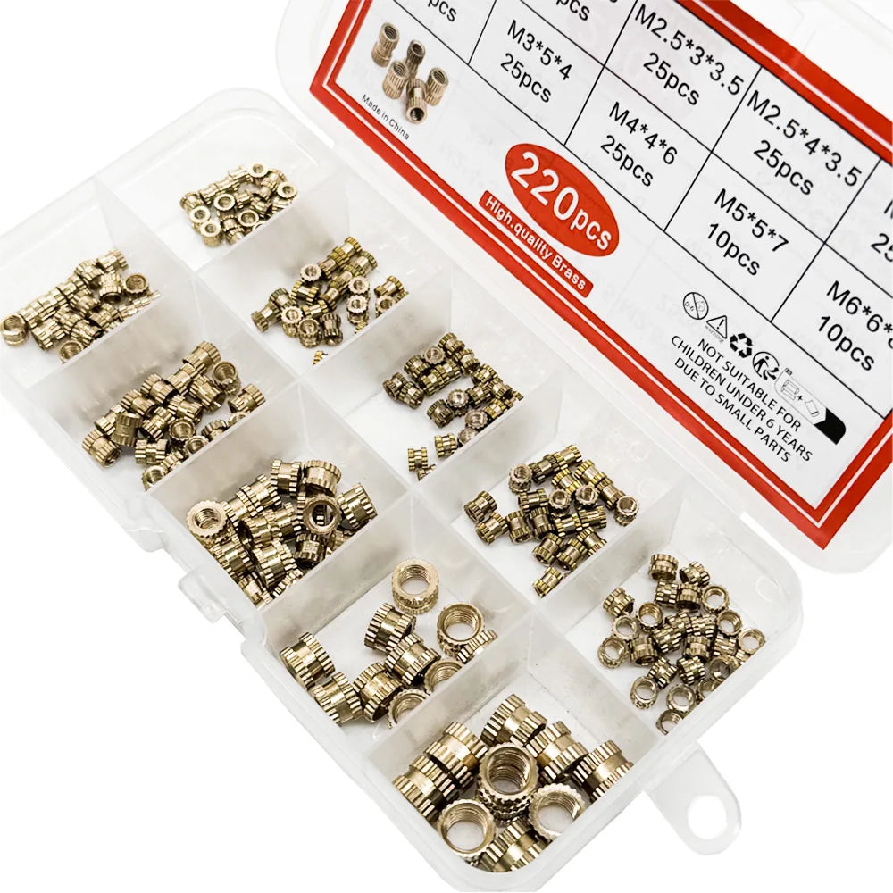 220 PCS Brass Heat Insert Nuts M2–M6 Knurled Embedment Kit Heat Insert Nut Kit Axl