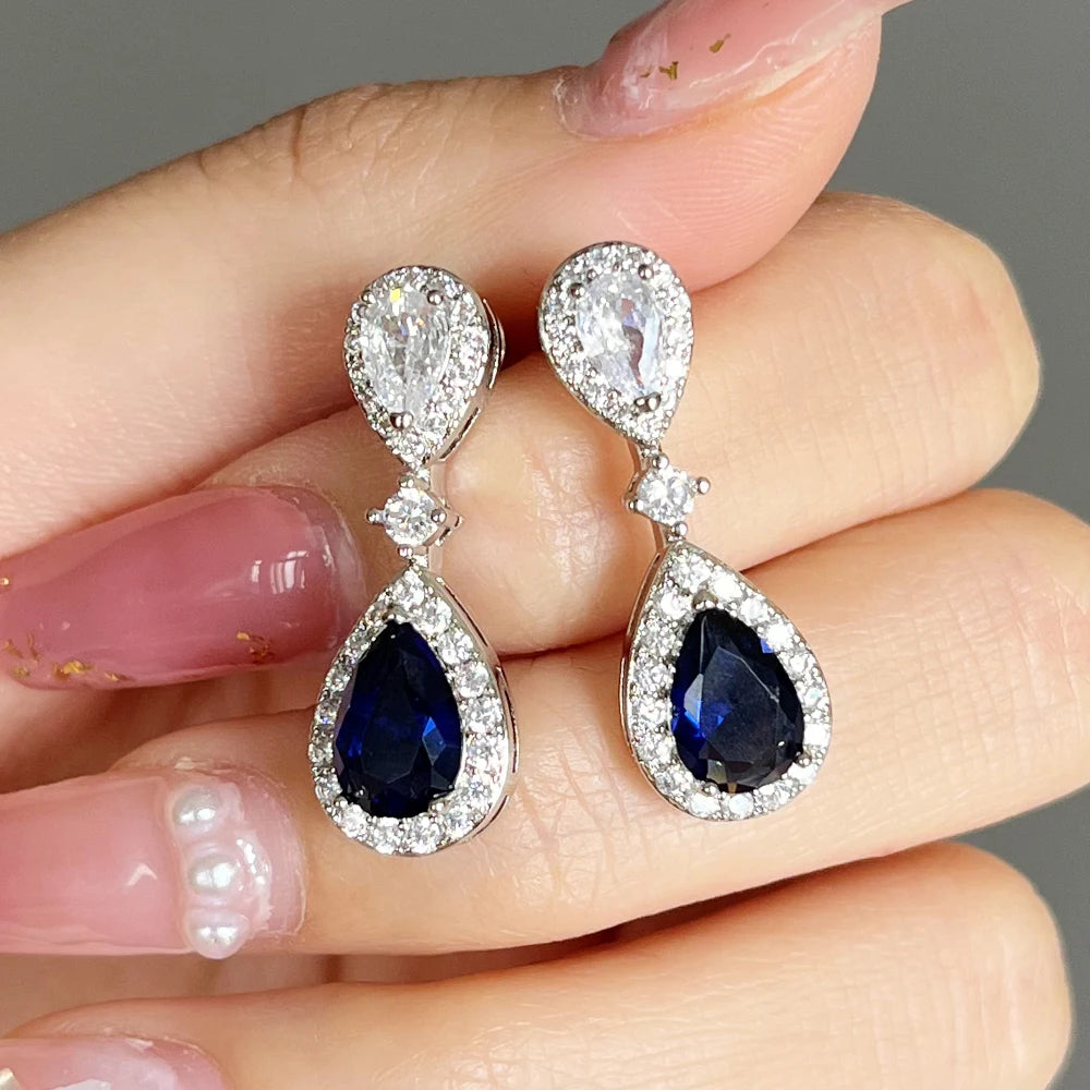 Huitan Water Drop CZ Earrings – Blue & White Cubic Zirconia Drop Earrings Axl