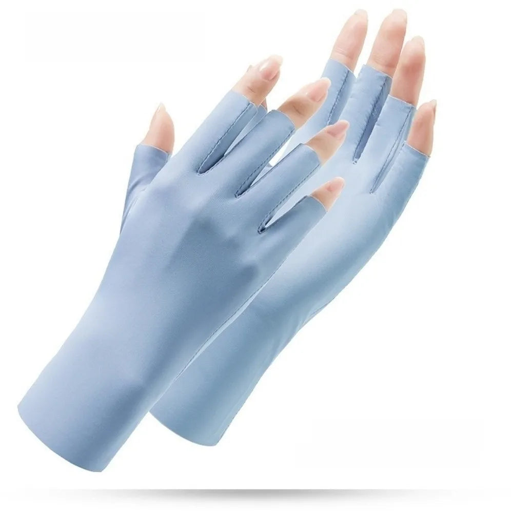 UV Ice Silk Fingerless Driving Gloves for Women | Sun Protection Fingerless Sun Gloves Axl Blue