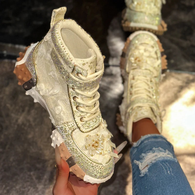Women's Rhinestone Platform Sneakers | Thick Sole Mesh Shoes Platform Sneakers Axl