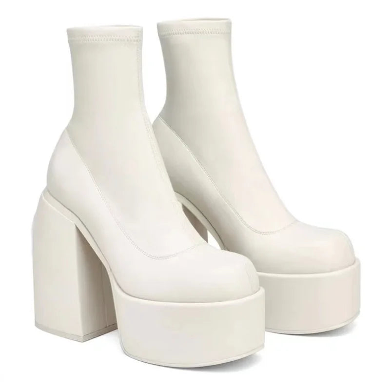 Women's Square Toe High Heel Mid-Calf Boots | Platform Zipper Women's Heeled Boots Axl WHITE 37