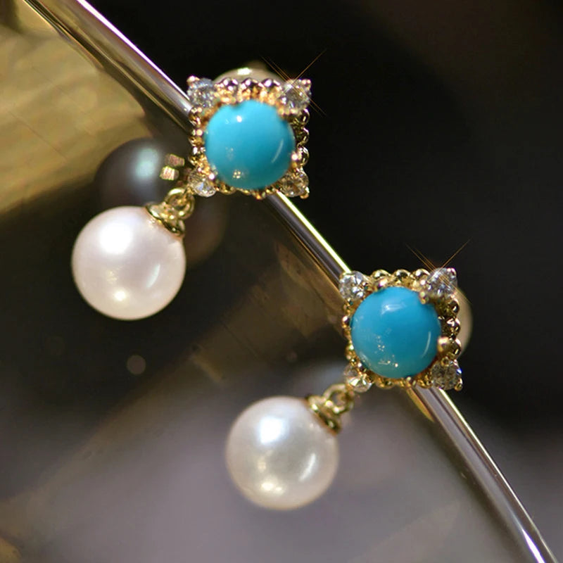 Huitan Vintage Blue Pearl Dangle Earrings for Women Pearl Dangle Earrings Axl E3222