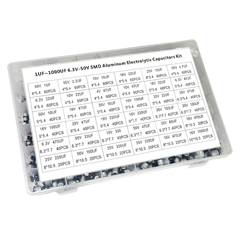 1500PCS SMD Electrolytic Capacitor Kit – 36 Values 1µF–1000µF Capacitor Assortment Kit Axl