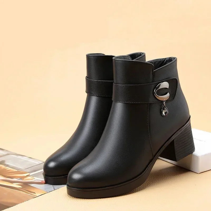 Women's Winter Ankle Boots – Warm Faux Leather Square Heel Women's Ankle Boots Axl