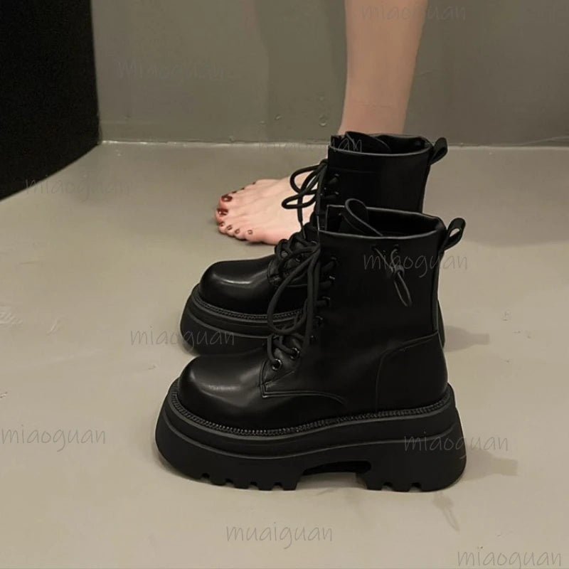 Women's Chunky Platform Ankle Boots – Lace-Up PU Booties Platform Ankle Boots Axl