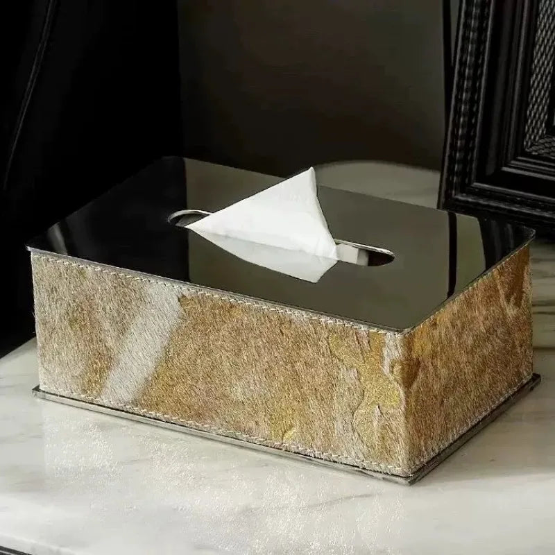 Luxury Rectangular Tissue Box – Stainless Steel & Leather Decorative Tissue Box Axl Gold Horsehair