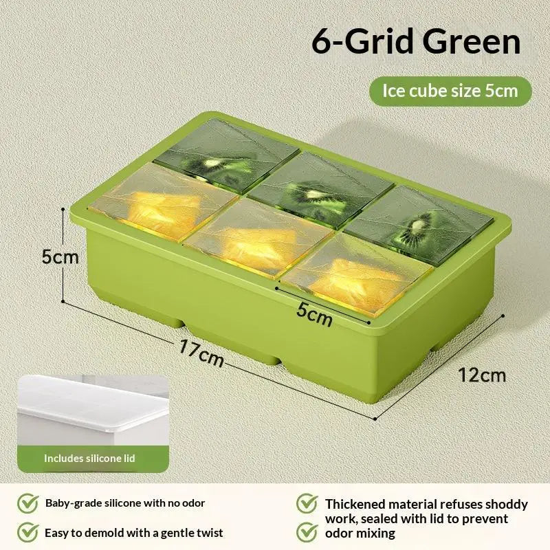 Large Silicone Ice Cube Tray with Leak-Proof Lid | Easy Release Silicone Ice Tray Axl 6 Grids Green