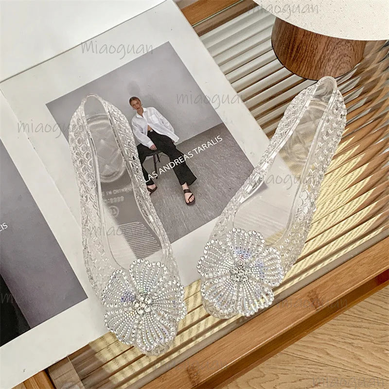 Crystal Jelly Sandals – Diamond Flower Pointed Toe Flats for Women Women's Jelly Sandals Axl