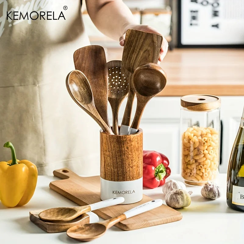 KEMORELA 9-Piece Acacia Wood Cooking Utensils Set with Holder Wooden Utensil Set Axl