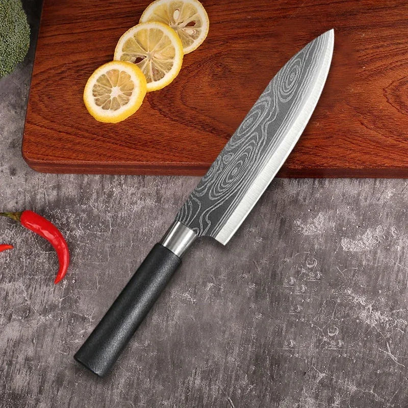 Damascus Pattern Chef Knife Set with Scissors & Sharpening Rod Kitchen Knife Set Axl