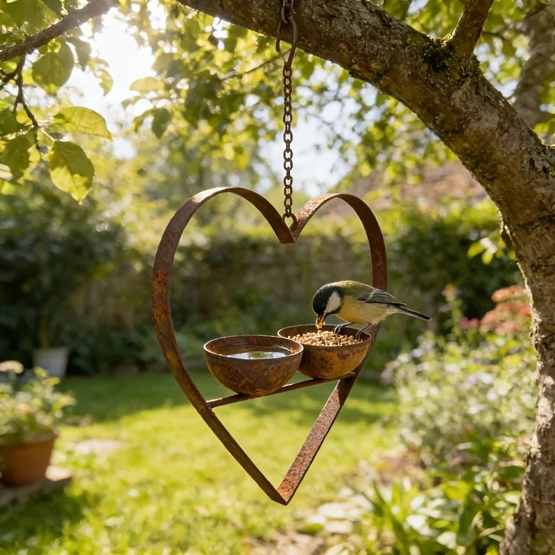 Rusty Metal Heart Double Bowl Bird Feeder – Vintage Garden Décor Bird Feeder Axl