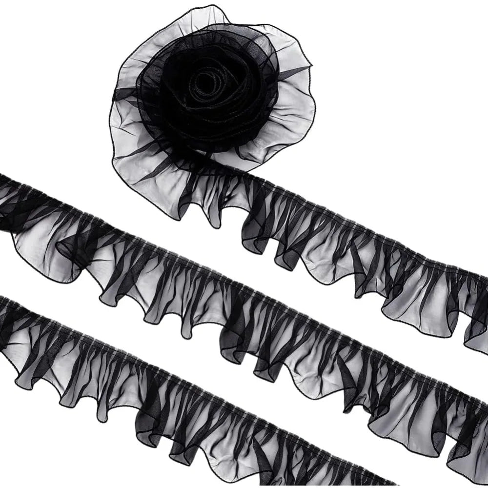 Black Organza Pleated Lace Ribbon Flower Trim 95mm – 8 Yards Decorative Ribbon Trim Axl AECH04-18163