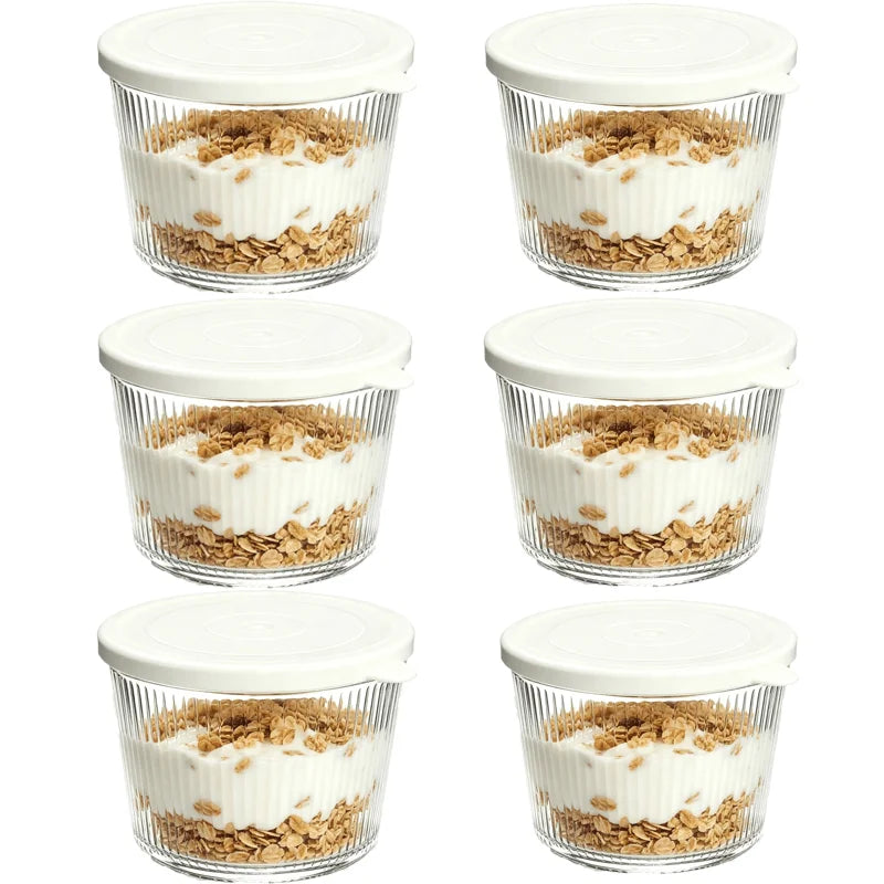 KEMORELA Glass Bowls with Lids – Stackable Striped Set Glass Storage Bowls Axl 6PCS White