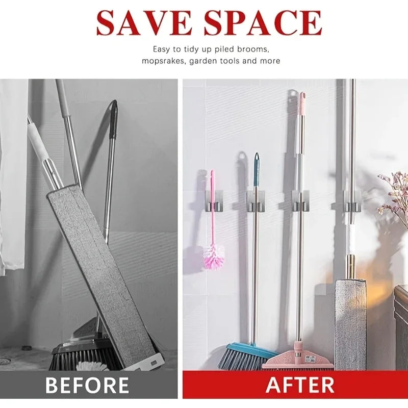 3-Pack No-Drill Wall-Mounted Mop & Broom Holder | Stainless Wall Hook Set Axl
