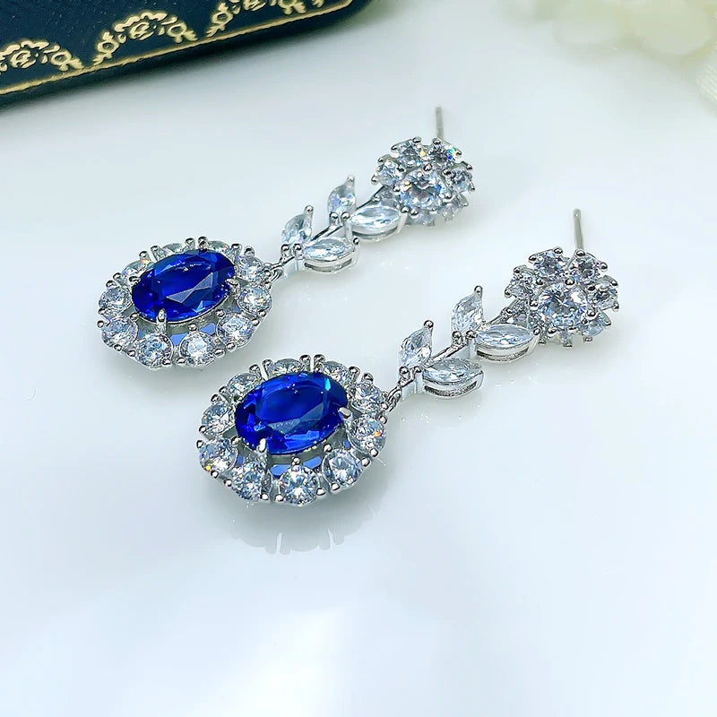 Huitan Flower Dangle Earrings – Blue White CZ Silver Drop Drop Dangle Earrings Axl