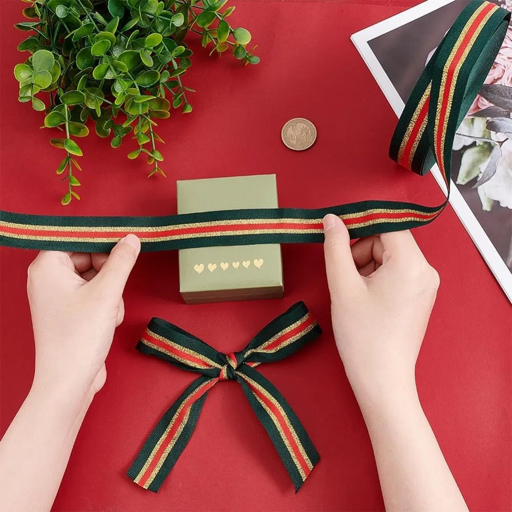 25 Yards Dark Green Glitter Stripe Ribbon – 1 Inch Polyester Craft Ribbon Axl