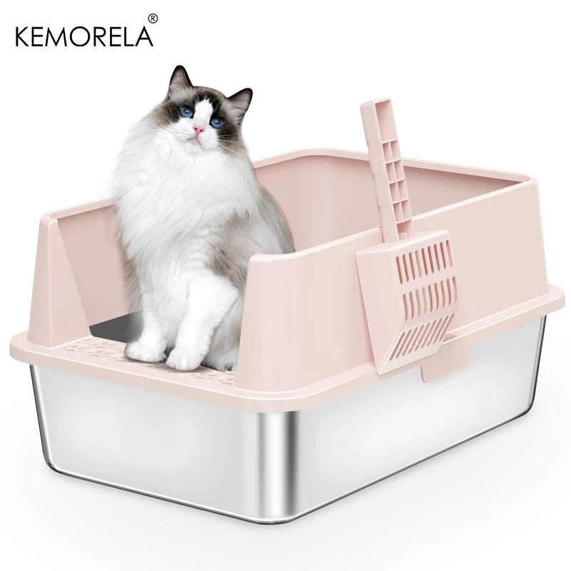 KEMORELA XL Stainless Steel Cat Litter Box with Lid & Scoop Cat Litter Box Axl Pink