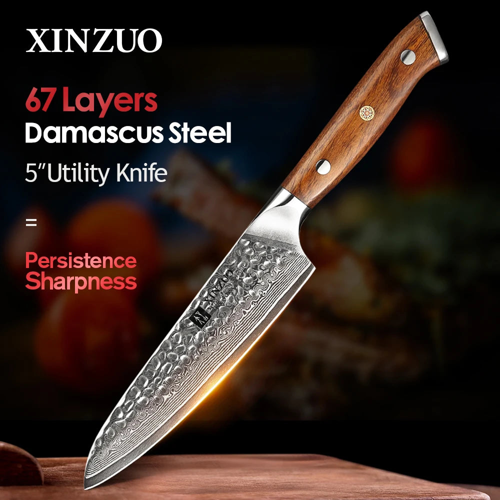 XINZUO 5" VG10 Damascus Utility Knife – 67-Layer Ironwood Handle Damascus Utility Knife Axl