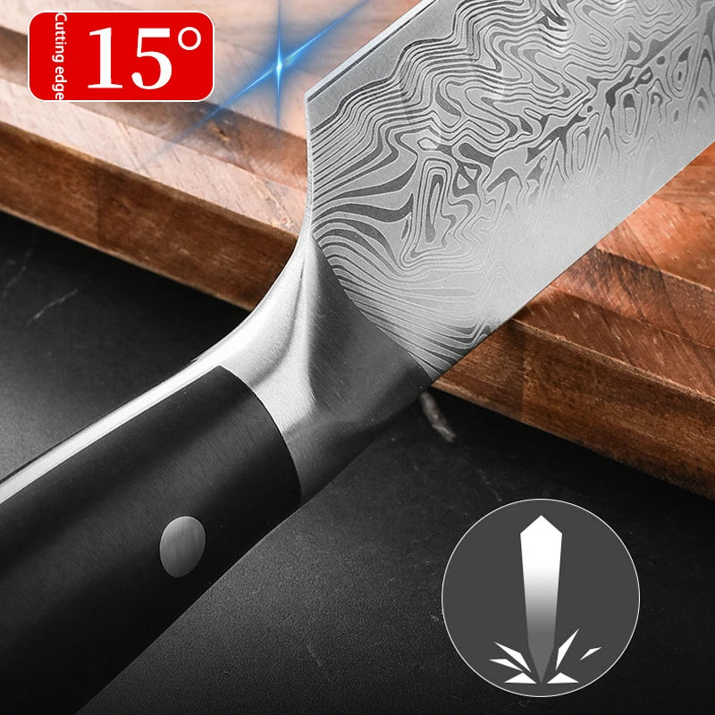 Damascus Steel Santoku Knife – Sharp Japanese Kitchen Cleaver Damascus Kitchen Knife Axl
