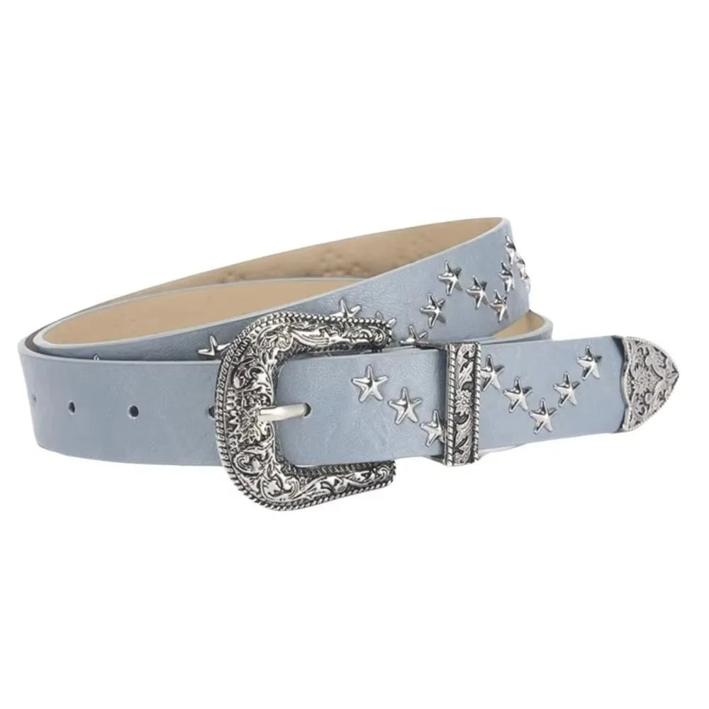 Y2K Punk Studded Belt – Gothic PU Leather Star Waistband Fashion Belt Axl Blue