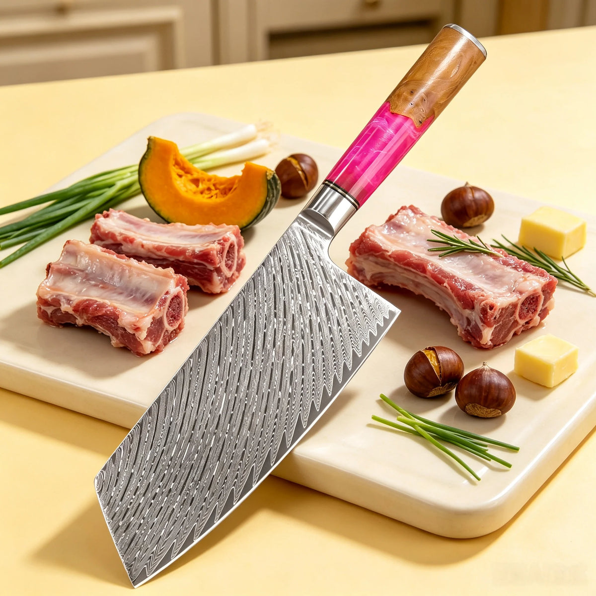 Damascus Steel Chef Knife – Meat, Vegetable & Fruit Cleaver Damascus Chef Knife Axl