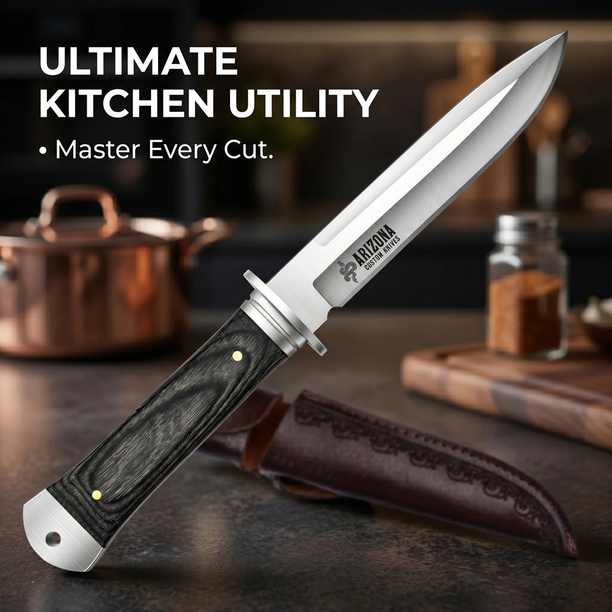 Fixed-Blade Kitchen Knife with Leather Sheath | 12.5" Steel Fixed-Blade Kitchen Knife Axl