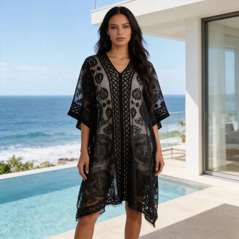Lace Mesh Beach Cover Up – Bohemian Shawl Plus Size Women Swimsuit Cover Up Axl