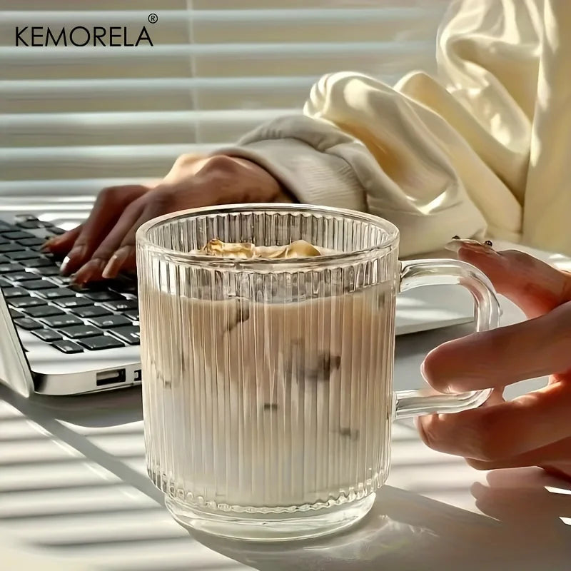 KEMORELA 350ml Vertical Grain Glass Coffee Cup with Handle Glass Coffee Cup Axl