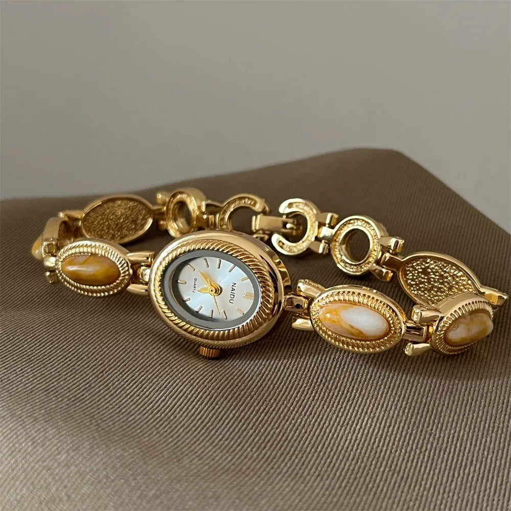 Luxury Oval Bracelet Watch – Vintage Gemstone Quartz Women Bracelet Watch Axl Yellow