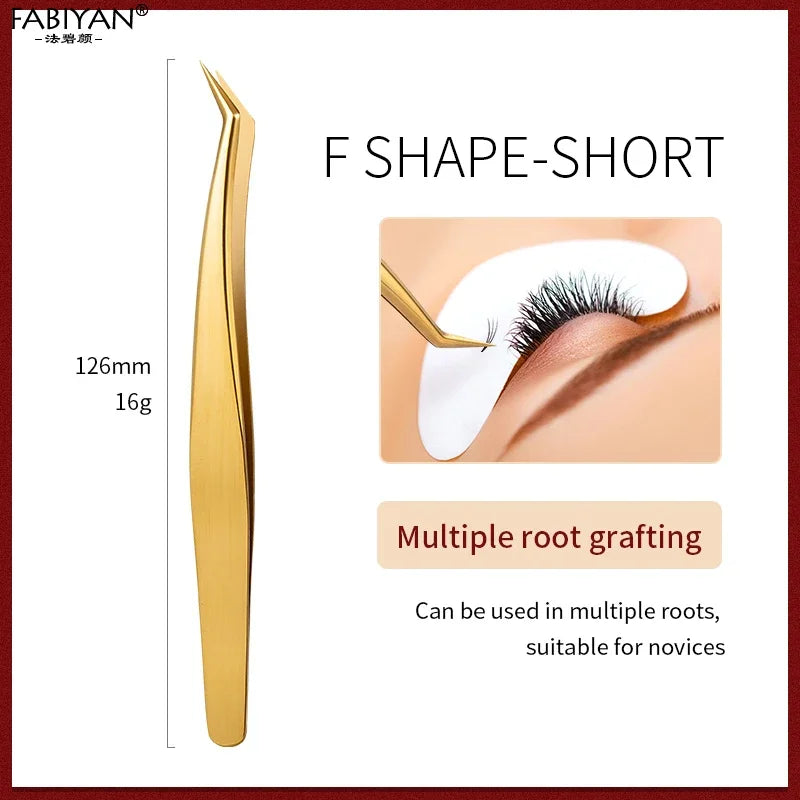 Stainless Steel Eyelash Tweezer – Lash Extension & Nail Art Tool Eyelash Tweezer Axl Gold F Shape short-1