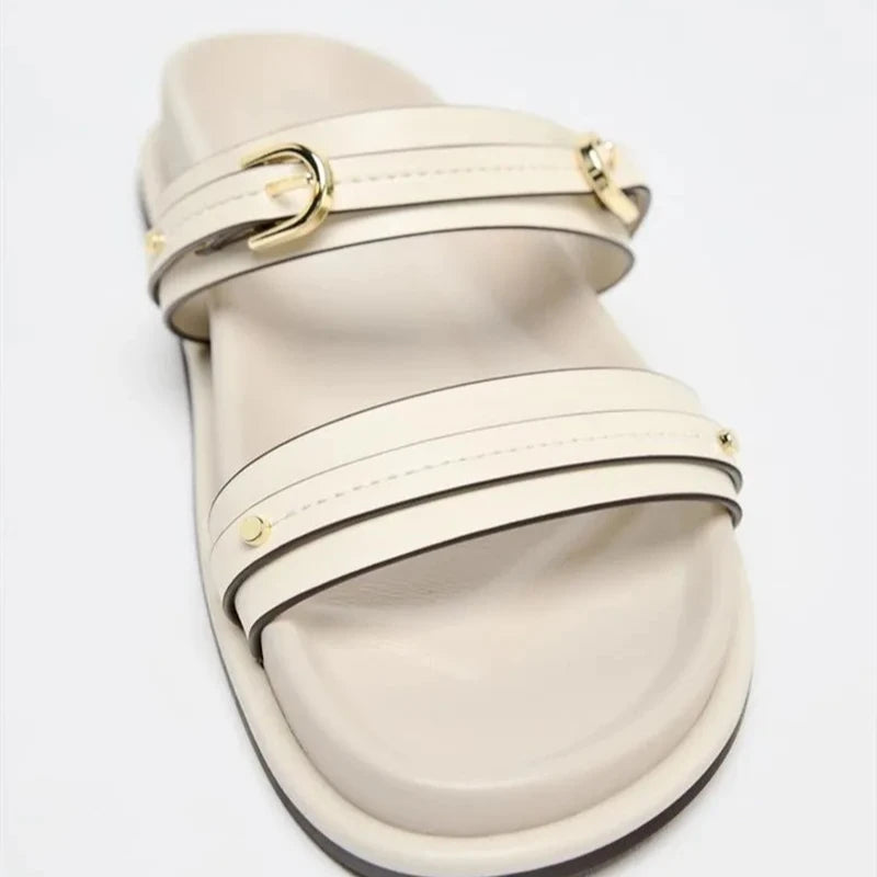 Women's Metal Buckle Flat Slide Sandals | Non-Slip Beach Slippers Flat Slide Sandals Axl