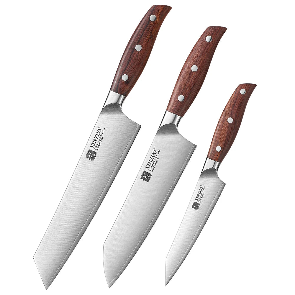 XINZUO 3-Piece Knife Set – Bunka Santoku Utility 440C Steel Kitchen Knife Set Axl 3pcs Knife Set