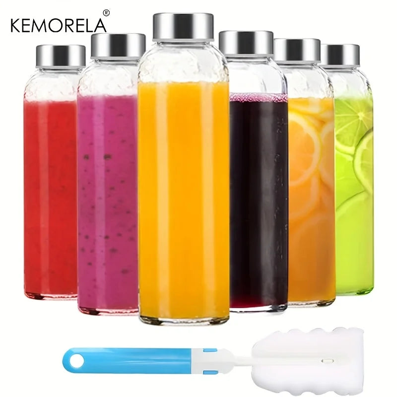 KEMORELA 530ml Clear Glass Bottles with Stainless Steel Lids 3/4/6pk Glass Water Bottles Axl 6pcs 500ml