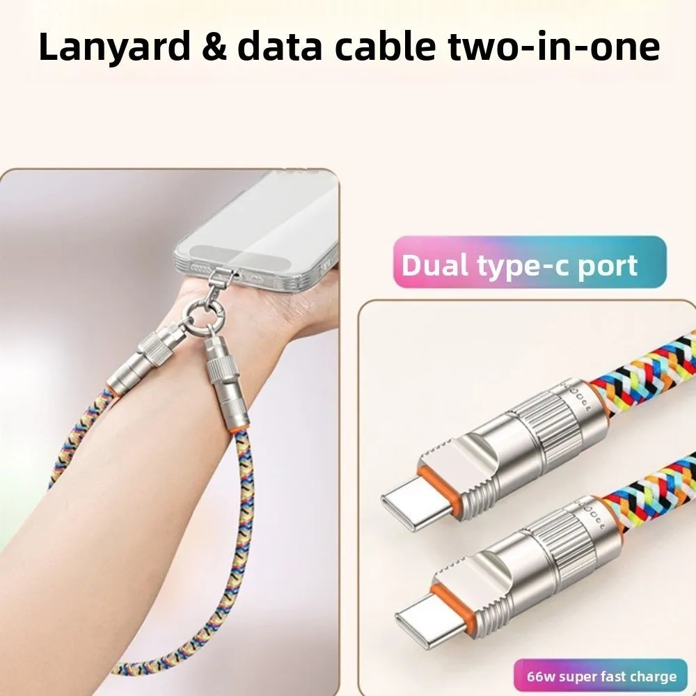 2-in-1 Type-C Phone Lanyard – PD 66W Fast Charging Braided Strap Phone Charging Lanyard Axl