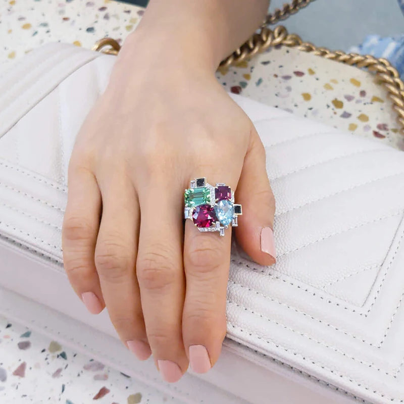 Huitan Two-Tone CZ Statement Ring for Women | Wedding Band Fashion CZ Ring Axl