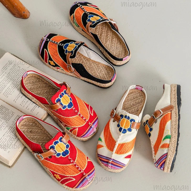 Women's Embroidered Linen Mule Slippers – Flat Ethnic Sandals Mule Slippers Axl